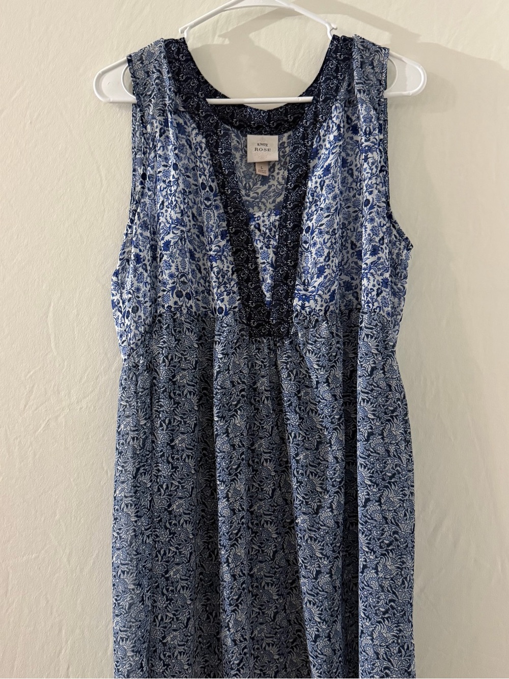 Knox Rose Women’s Large Blue/White Floral High Low Dress Boho Cottagecore Sheer